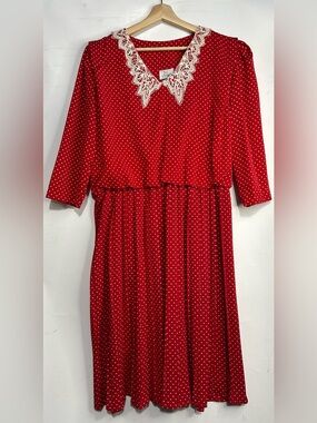 Vintage In Cinq Red Polka Dot Lace Collar 80's Dress Size 20 1/2